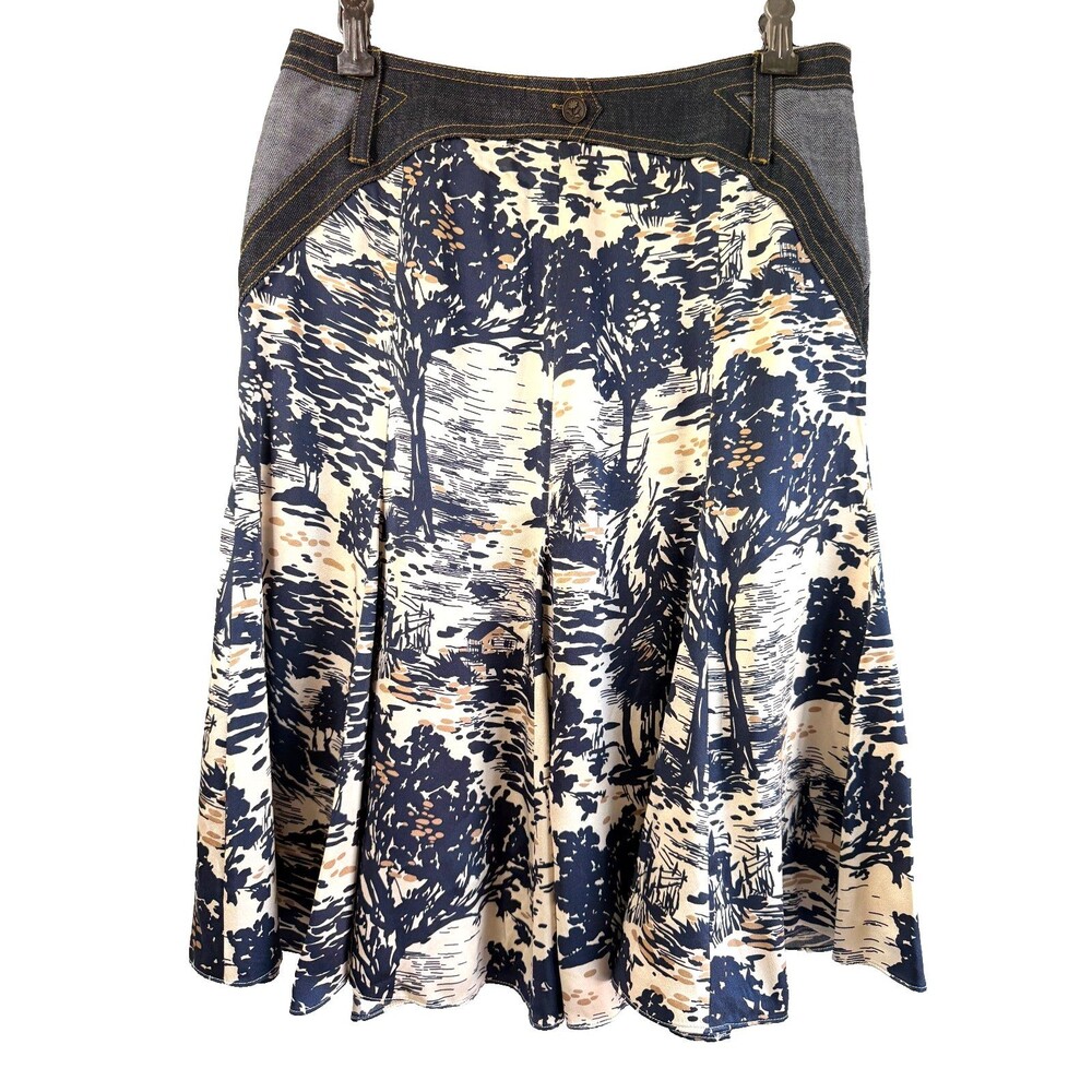 ETCETERA Women’s Silk Toile Scenic Print Denim Trim A-Line Skirt Sz 2 Y2K